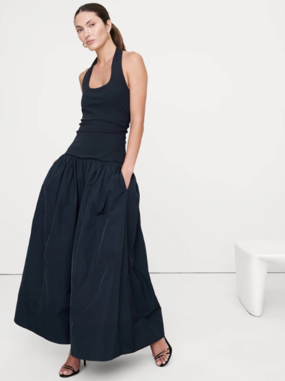 Jersey & Taffeta Halter Maxi Dress